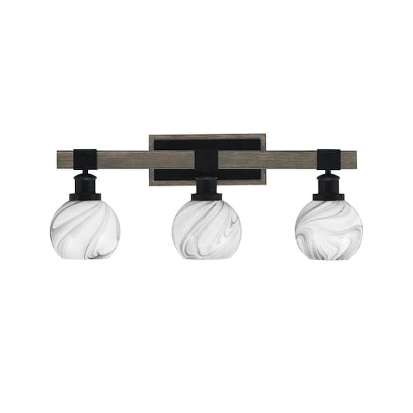 Unbranded Richmond 26.25 in. 3-Light Vanity Light Matte Black and Wood-look Metal with 5.75 in. Onyx Swirl no bulbs included