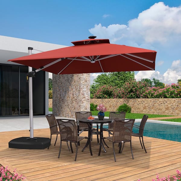 PURPLE LEAF 10 ft. Square Aluminum Solar Powered LED Patio Cantilever Offset Umbrella with Wheels Base, Brick Red