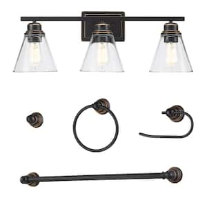 Romance 25.98 in. 3-Light Vanity Light with Oil Rubbed Bronze Finish and Clear Glass Shade and Bath Set (5-Piece)