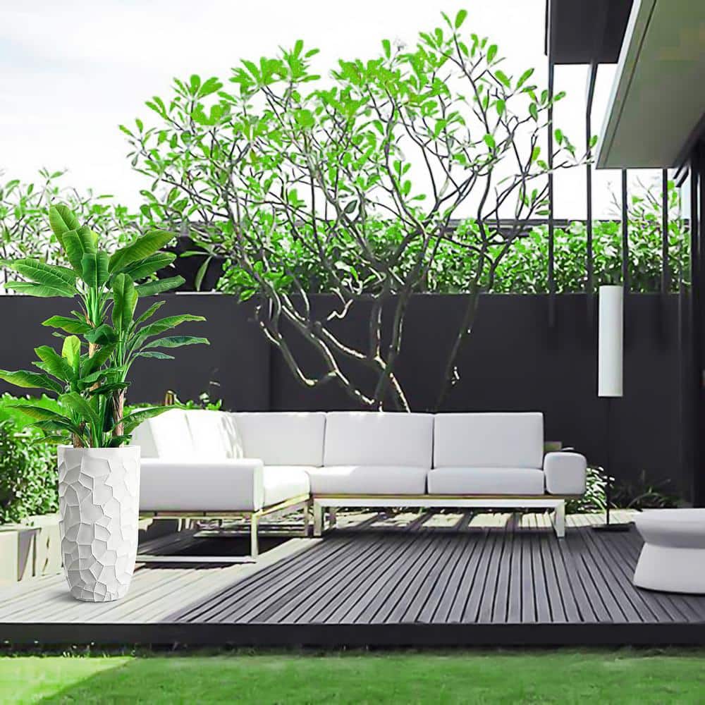 Elegant White Geometric 22" MgO Round Planter for Indoor & Outdoor