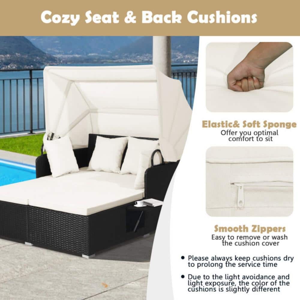 Black Wicker Outdoor Daybed with Off-White Cushions and Canopy