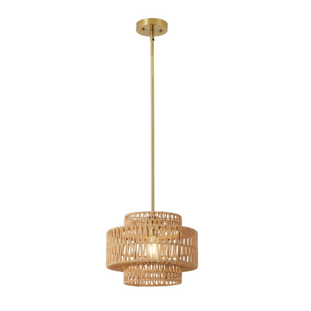 12.6 in. 1-Light Gold Farmhouse Drum Chandelier with Multi-Layered Woven Rattan Accents price history on PriceWatchPro