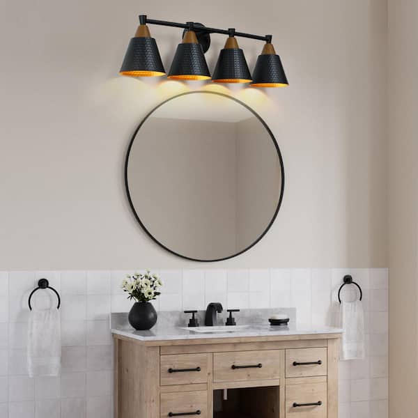 29.5 in. 4 Light Black and Wood Grain Bathroom Vanity Light with Hammered Metal Shade