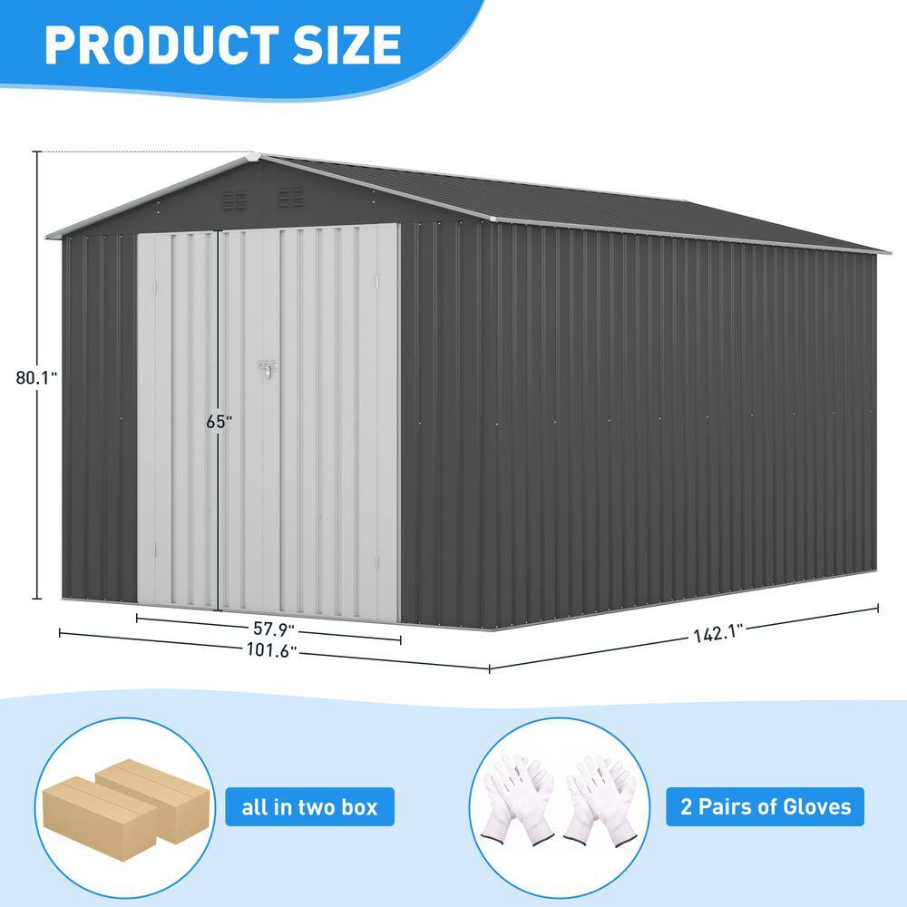 8' x 12' Gray Metal Garden Storage Shed with Double Doors