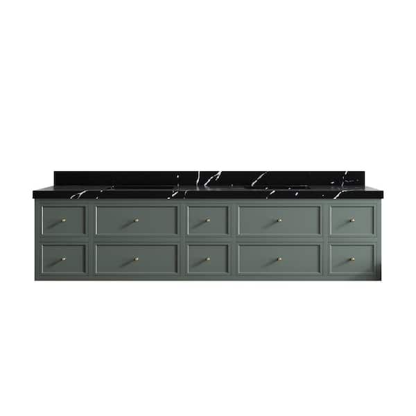 Willow Collections Roswell Floating 84 in. Double Sink Freestanding Pewter Green Bath Vanity with Calacatta Black Qt. Top Unassembled
