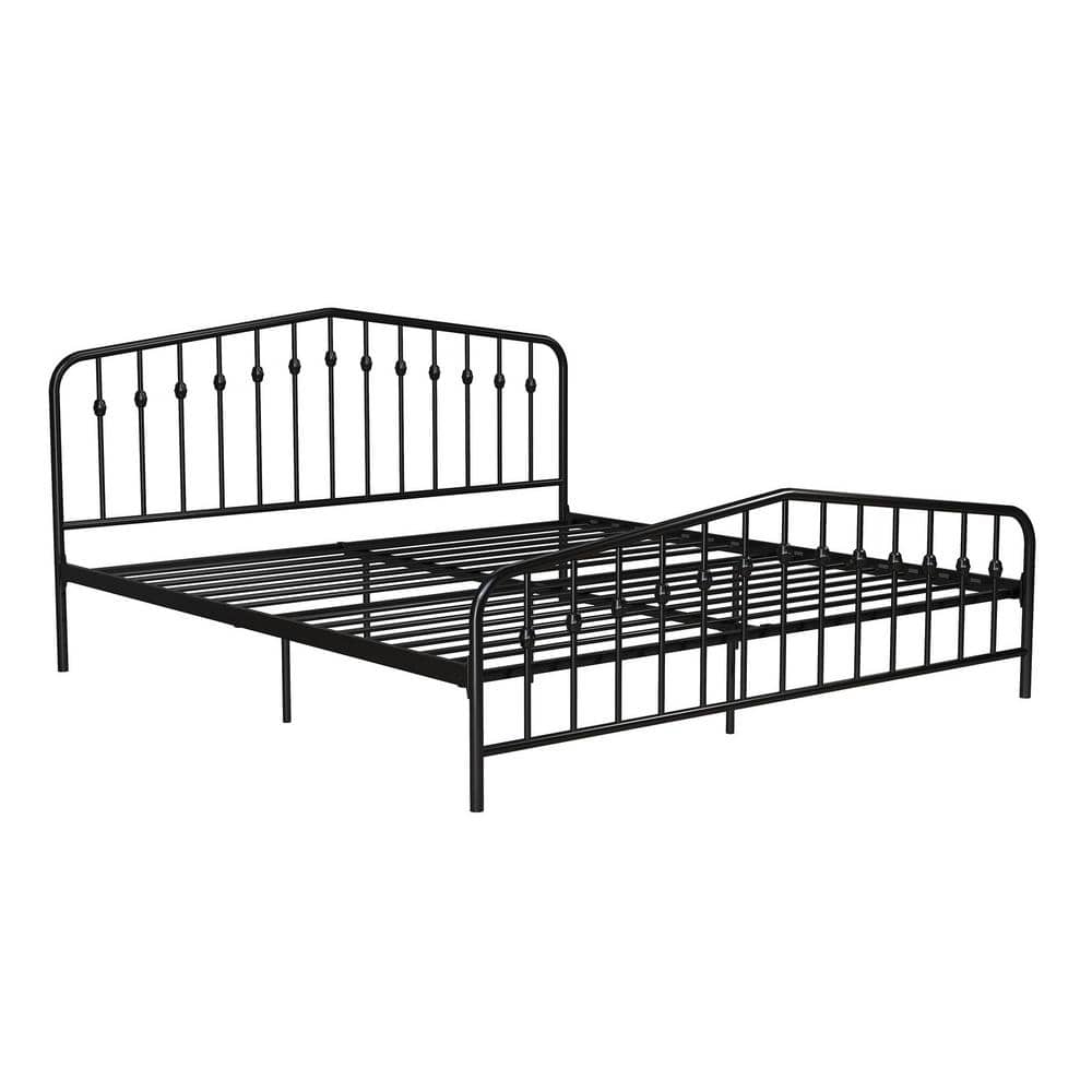 King-Sized Black Pine and Metal Upholstered Bed with Storage Drawer