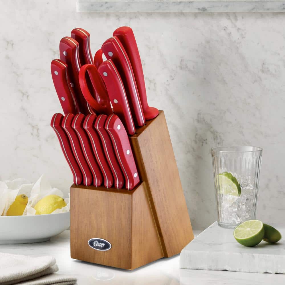 Oster Evansville 14 Piece Stainless Steel Cutlery Set with Red Handles