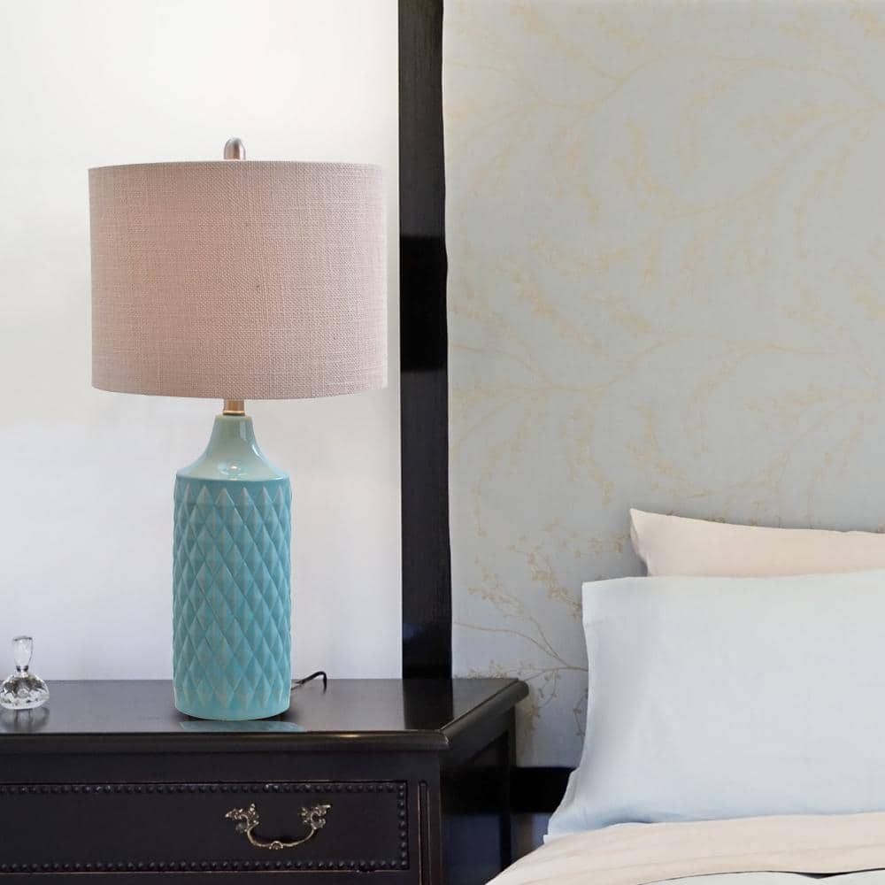 Aqua Blue Quilted Ceramic Table Lamp with Linen Shade
