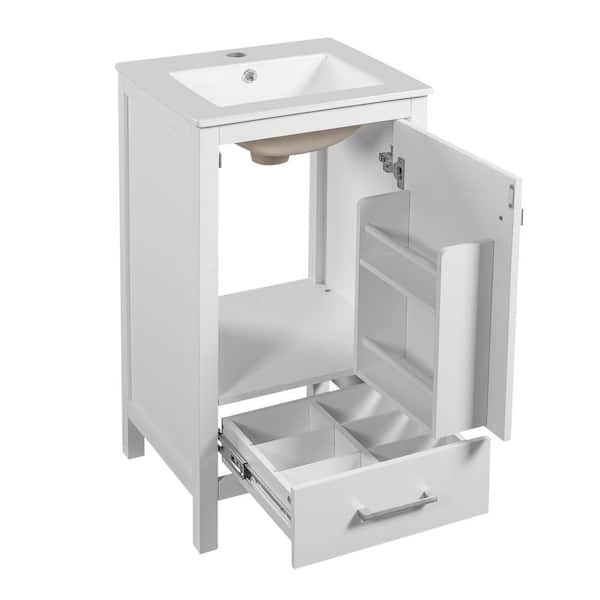 18 in. W Single Sink Freestanding White Bath Vanity with White Ceramic Top and Divider Drawer, Unassembled