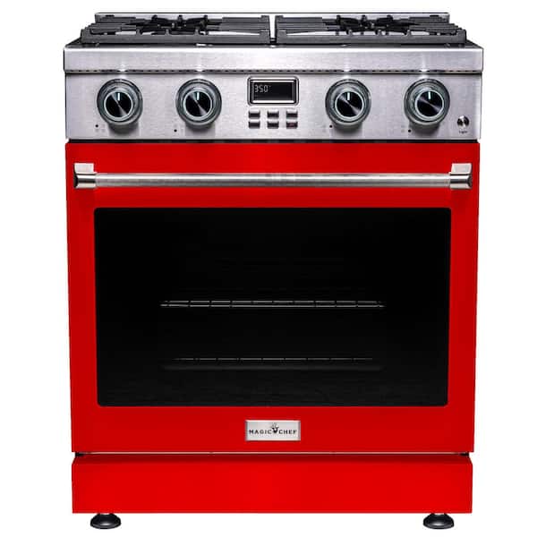 Pro-Style 30 in. 4-Burner Slide-in Gas Range with Convection in Stainless Steel with Red Oven Door