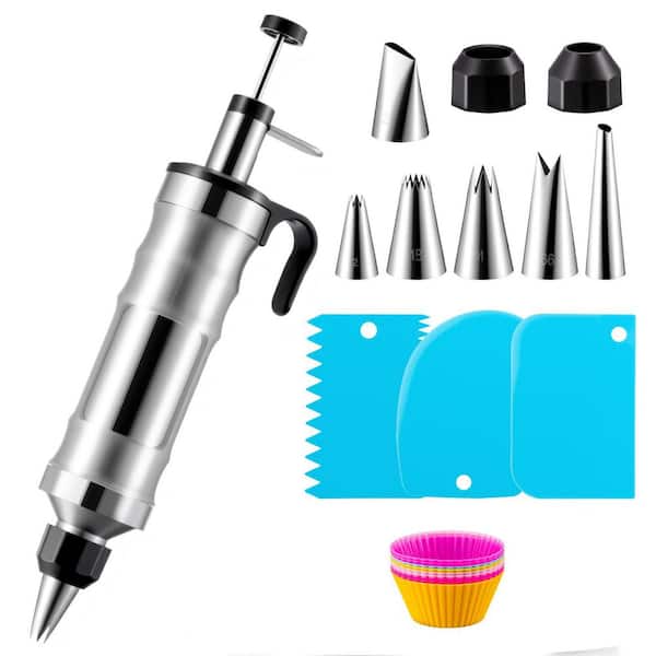 9-Piece Stainless Steel Dessert Decorating Syringe Set w/ 6-Piping Tips, 9-Silicone Cupcakes, and 3-Cream Scrapers
