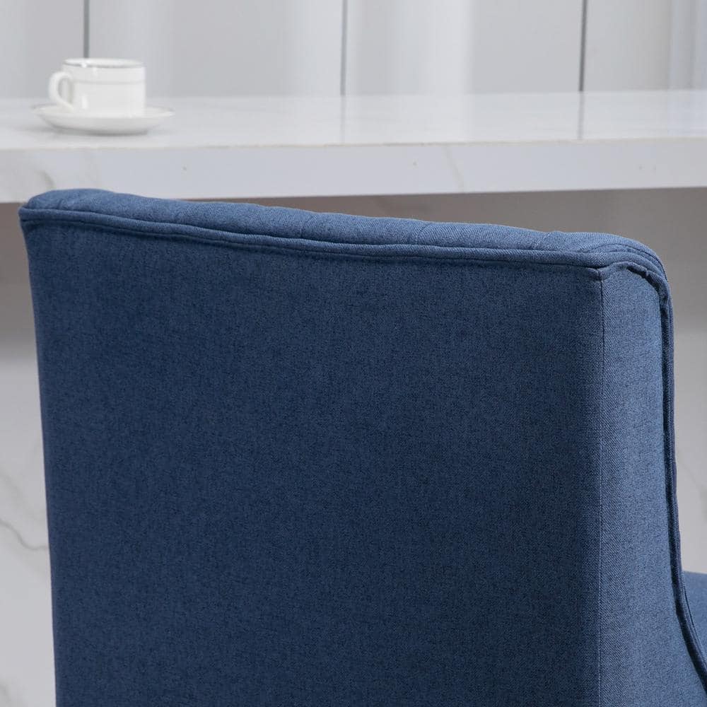 Blue Tufted Swivel Bar Stools with Wood Footrests, Set of 2