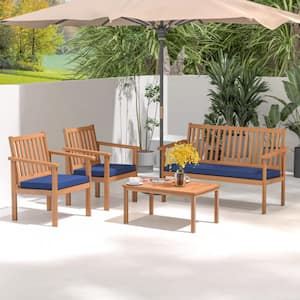 4-Piece Wood Patio Conversation Set with Loveseat and Cushions in Navy