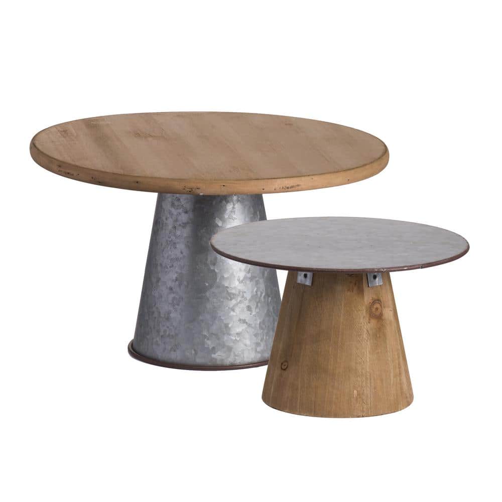 Brown Galvanized Metal Wood Decorative Platter Set of 2, Cake Stand Versati