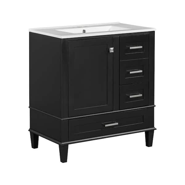 Nivencai 30 in. W Freestanding Bath Vanity in Black with White Ceramic Top and Sink, Soft Closing Door, 3 Drawers