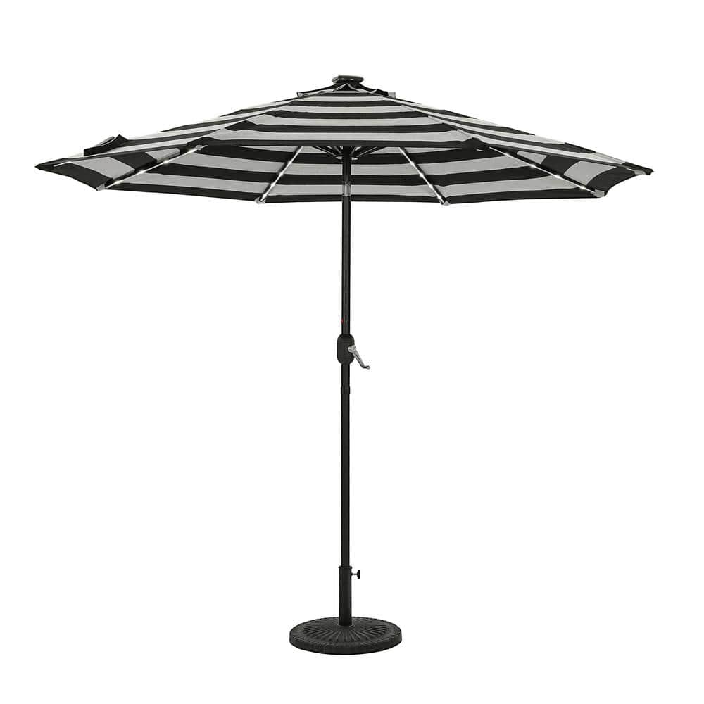 Island Umbrella Mirage II Fiesta 9 ft. Octagon Market Umbrella with LED Tube Lights in Black-White Stripe - Breez-Tex