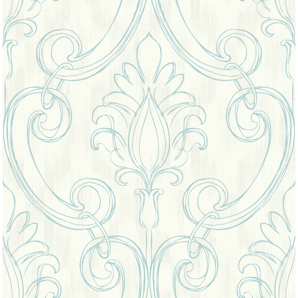 Seabrook Designs Pomerelle Damask Ivory & Blue Paper Strippable Roll ...