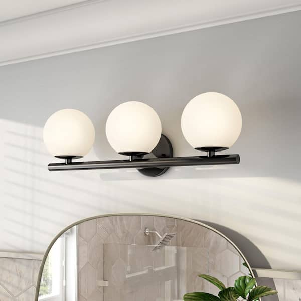 Designers Fountain Crown Heights 25 in. 3-Light Matte Black Modern Vanity Light with Etched Opal Glass Shades