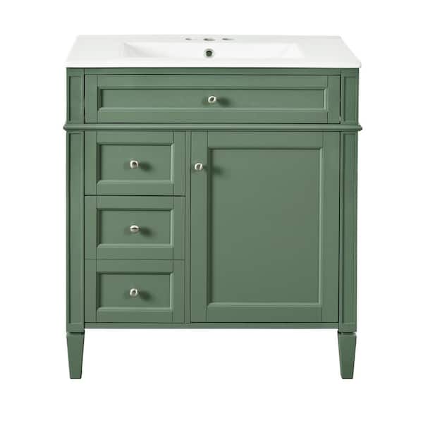 Virubi 30 in. W Single Sink Bath Vanity in Green with White Ceramic Top, Adjustable Shelf and Drawers