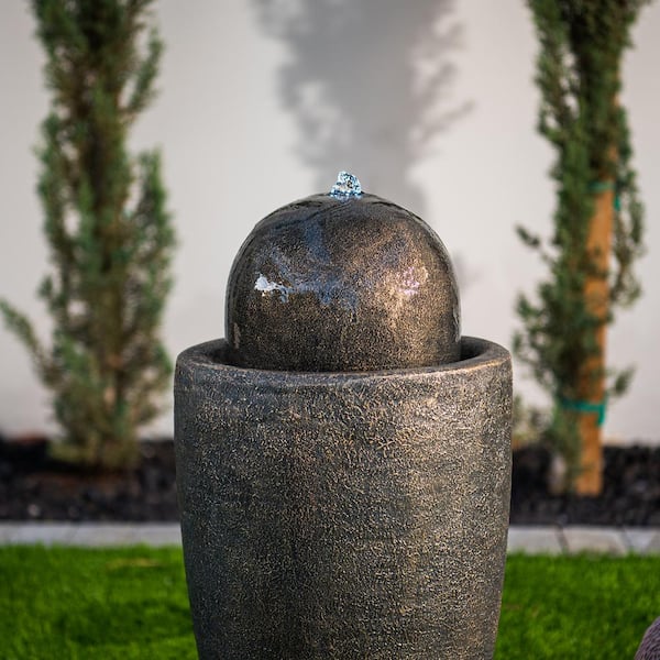 25.98 in. H Round Polyresin Waterfall Stone Textured Sphere Floor Fountain w/LED Light, Garden Sphere Fountain, Bronze