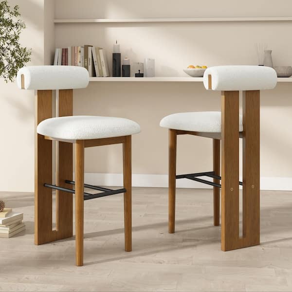 43 in. Walnut Finish Solid Wood Upholstered Bar Stools with White Upholstery (Set of 2)