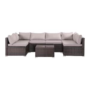 7-Piece Brown Rattan Wicker Outdoor Patio Sectional Sofa Set with Gray Cushions for Garden Balcony Backyard