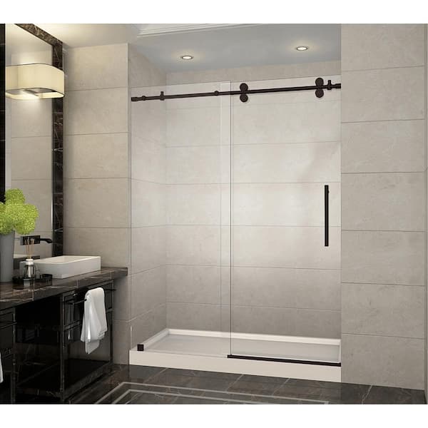 Aston Langham 60 in. x 32 in. x 77.5 in. Frameless Sliding Shower Door in Bronze, Left Drain