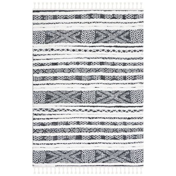 Moroccan Tassel Shag 9 ft. x 12 ft. Black/Ivory Striped High-Low Geometric Area Rug