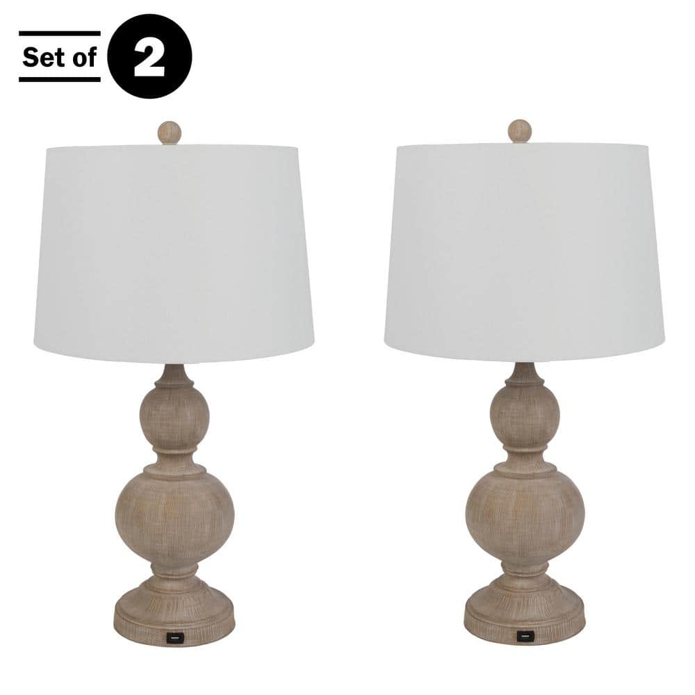 Whitewash Linen Shade 16" Table Lamp Set with USB Ports
