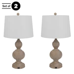 27.17 in. Whitewash Bedroom Table Lamp Set with USB Charging Ports and LED Bulbs Set of 2