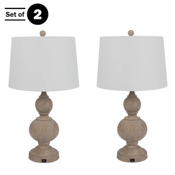 Lavish Home 27.17 in. Whitewash Bedroom Table Lamp Set with USB Charging Ports and LED Bulbs Set of 2