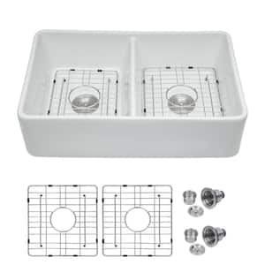 Ceramic 32 in. Double Bowl Round Corner Farmhouse Apron Kitchen Sink with Bottom Grid and Strainer
