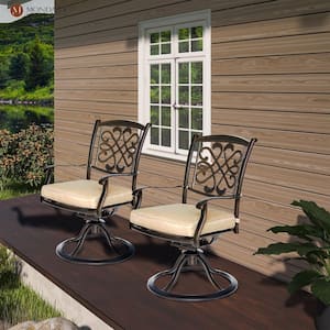 Bianca Dark Gold Cast Aluminum Frame Swivel-rockers Outdoor Patio Dining Chair with CushionGuard Beige Cushion(Set of 2)