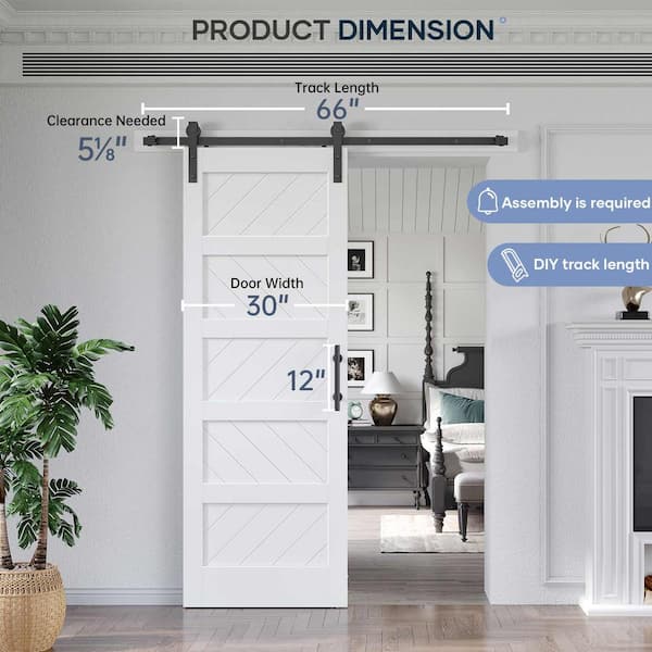 32 in. x 84 in. 5-Panel White Finished MDF Sliding Barn Door with Hardware Kit