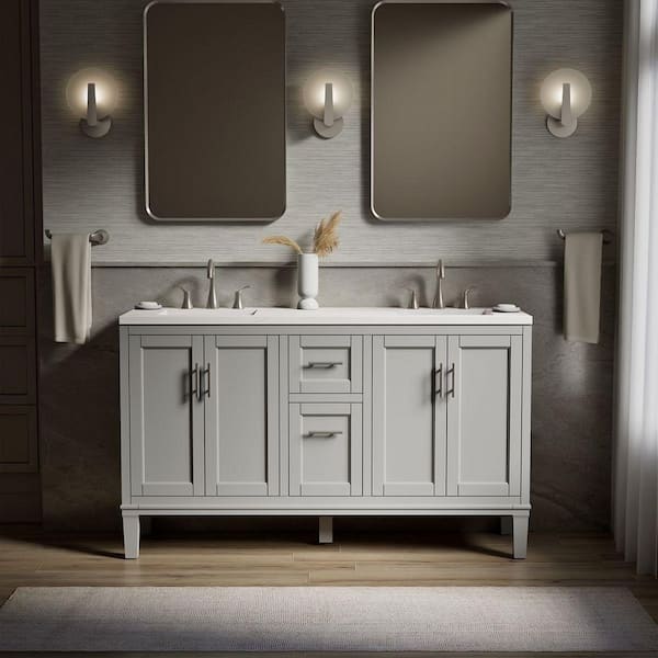 Chesil 60in. Double Sink Freestanding Atmos Grey Bath Vanity with Bianco Bella Quartz Top Assembled