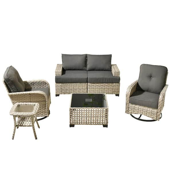 Aimee 6-Piece Wicker Patio Conversation Seating Sofa Set with Black Cushions and Swivel Rocking Chairs