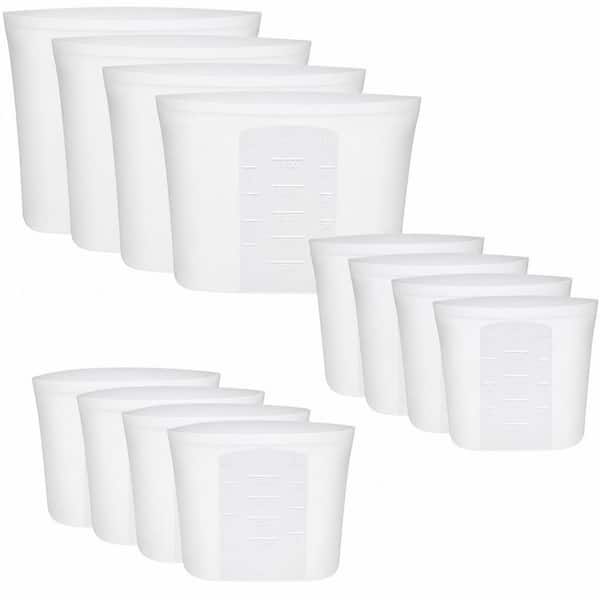 Silicone Bags for Food Storage, Stand Zip Lock Contain, Freezer Microwave Oven Dishwasher Safe, 4 Size, White (12-Pack)