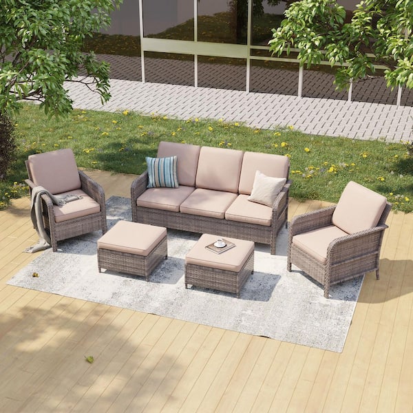 Sonkuki 5-Piece Gray Wicker Patio Sofa Set Outdoor Conversation Set with 3-Seat Sofa Ottomans, Sand Cushions