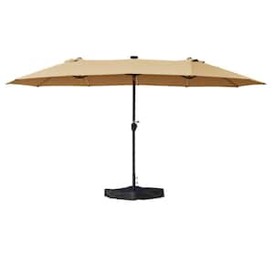 15 ft. Rectangle Patio Beige Umbrella with Solar Lights DoubleSided Outdoor Aluminum Umbrella with Crank Handle and Base