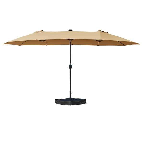 KOZYARD 15 ft. Rectangle Patio Beige Umbrella with Solar Lights DoubleSided Outdoor Aluminum Umbrella with Crank Handle and Base