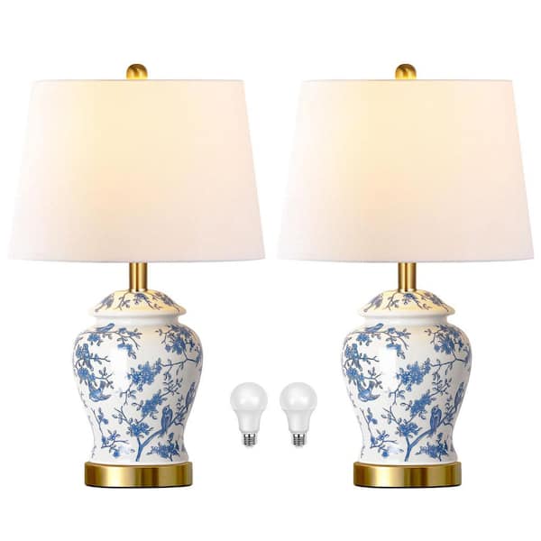 ROTTOGOON 22 in. Blue and White Chinoiserie Ceramic Table Lamp Set