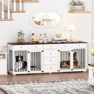 Indoor Large Dog Crate Furniture With 8 Drawers, 89 In. XL Heavy Duty Wooden Dog House Kennel for 2 Medium Dogs, White