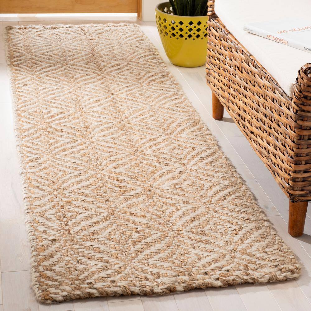 Hand-Woven Ivory Jute 27" Runner Rug with Diamond Trellis Pattern