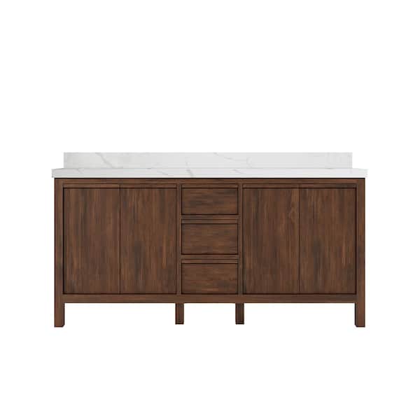 Willow Collections Elizabeth Teak 72 in. W x 22 in. D x 36 in. H Double Sink Bath Vanity in Dark Walnut with 2 in. Calacatta Laza Top