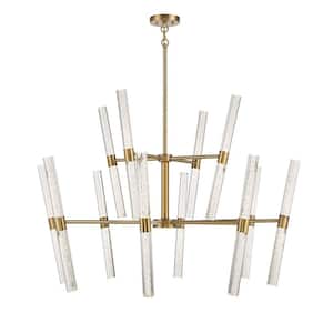 Arlon 44 in. W x 36 in. H 24-Light Warm Brass Integrated LED Chandelier with Clear Bubble Glass Wands