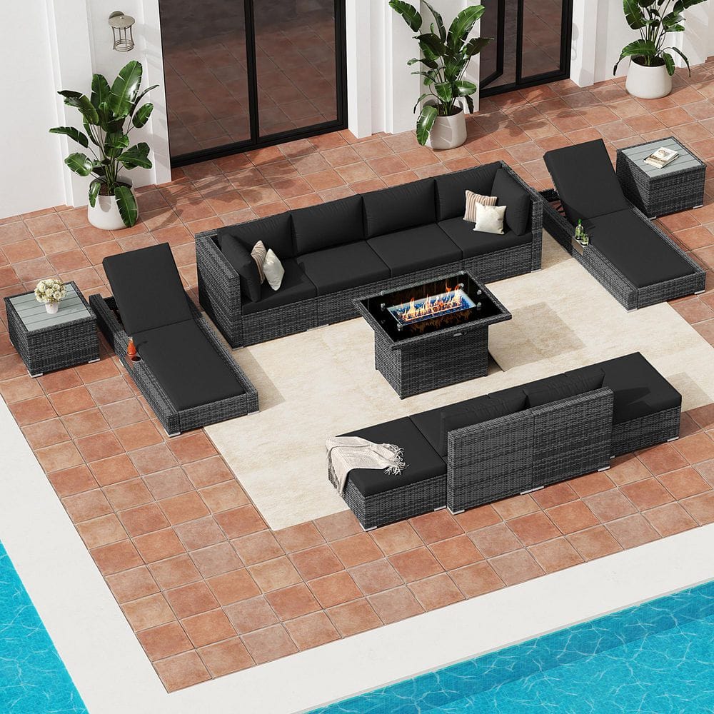 13-Piece Patio Furniture Set with Fire Pit Table, Chaise Lounge Wicker Outdoor Sectional Conversation Set, Black price history on PriceWatchPro