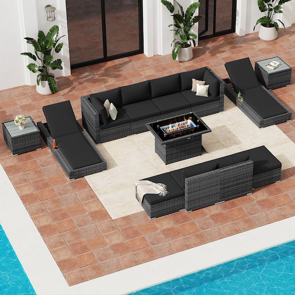 13-Piece Patio Furniture Set with Fire Pit Table, Chaise Lounge Wicker Outdoor Sectional Conversation Set, Black