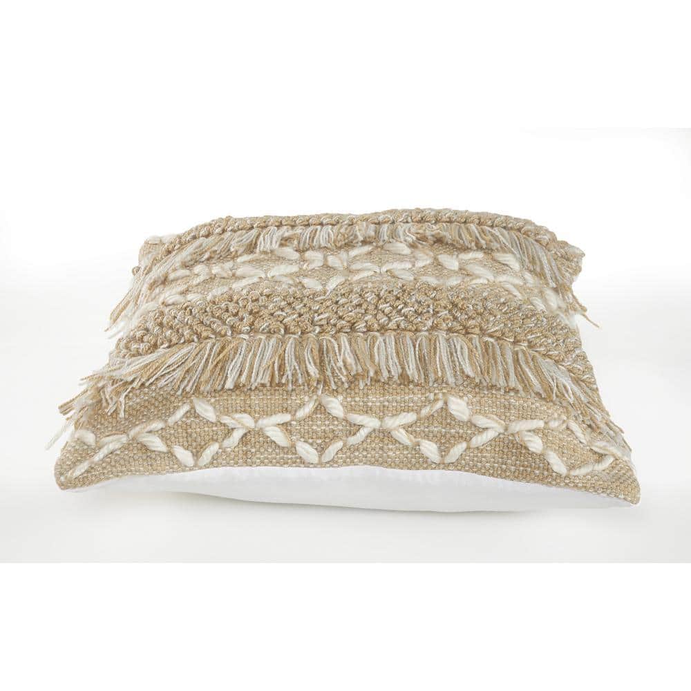 Tan and Beige Geometric Fringe Throw Pillow Set