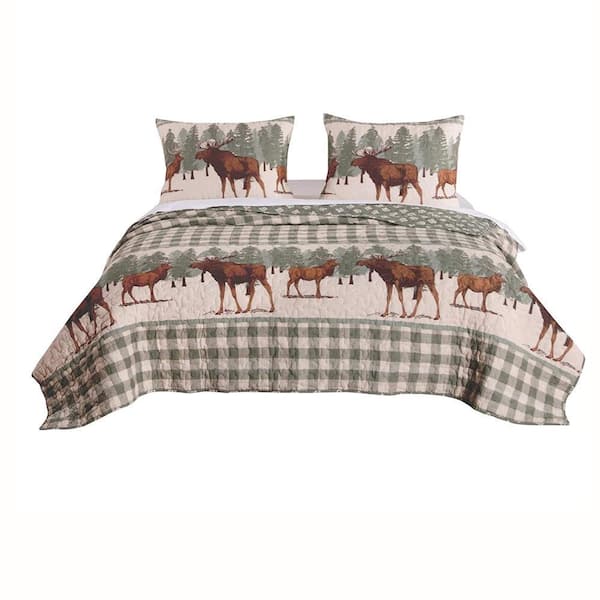 Benjara 2-Piece Green and Brown Solid Twin Size Microfiber Quilt Set