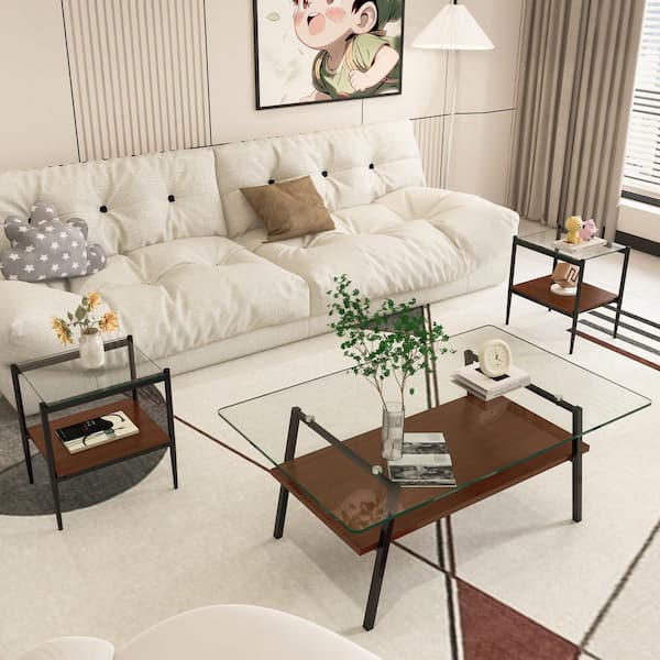 38.58 in. Rectangle Clear Tempered Glass Coffee Table with MDF Shelf & Black Metal Legs with Two End tables